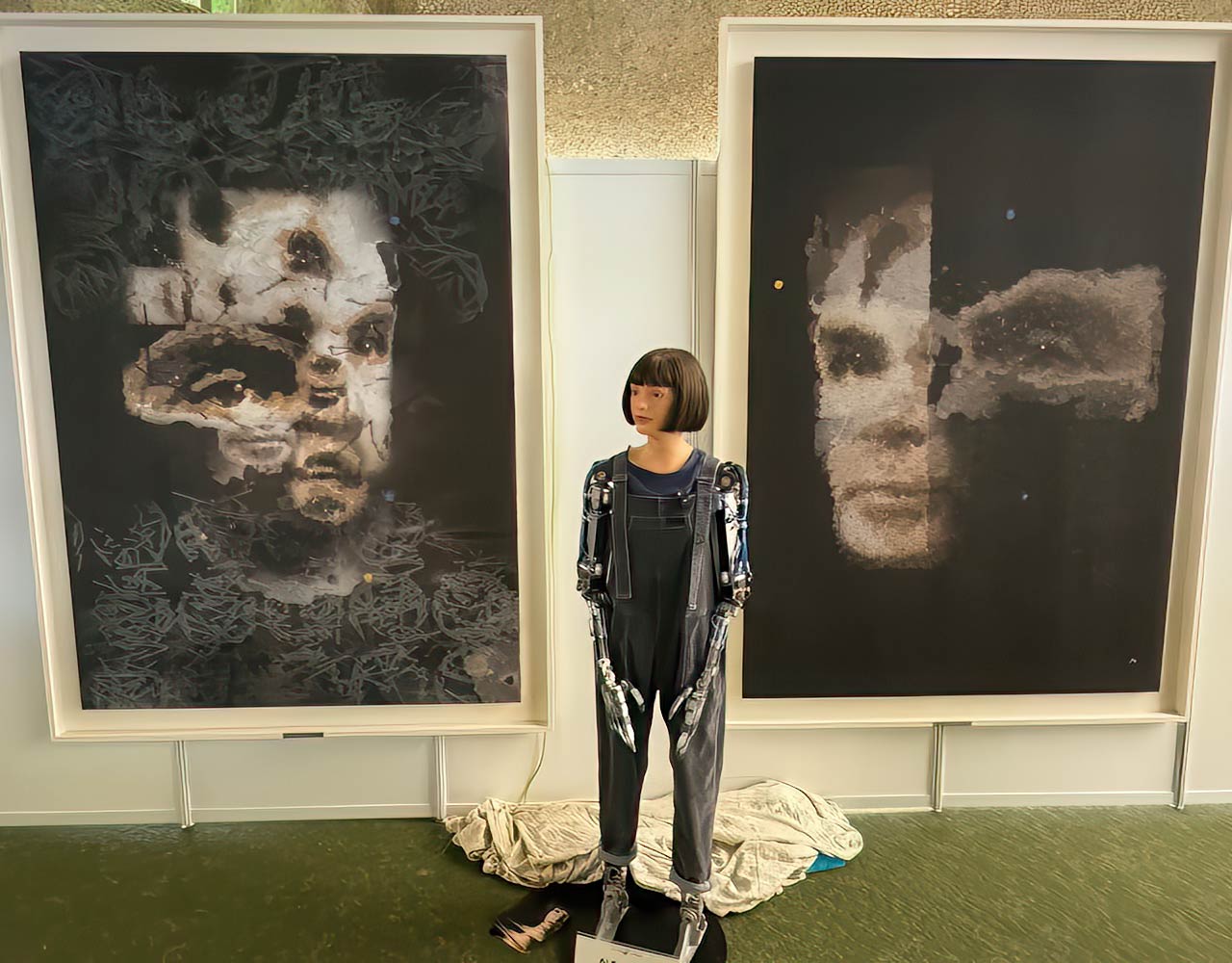 Humanoid robot artist Ai-Da standing in front of her AI-created Alan Turing portraits at the United Nations in Geneva, Switzerland.