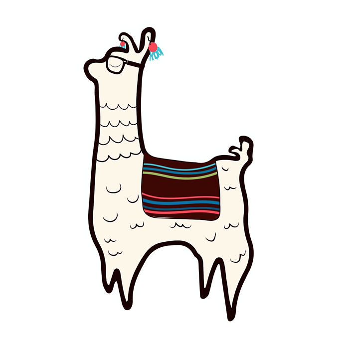 Illustrated llama with glasses and a colorful striped blanket - Yapa Alpaca Store logo.