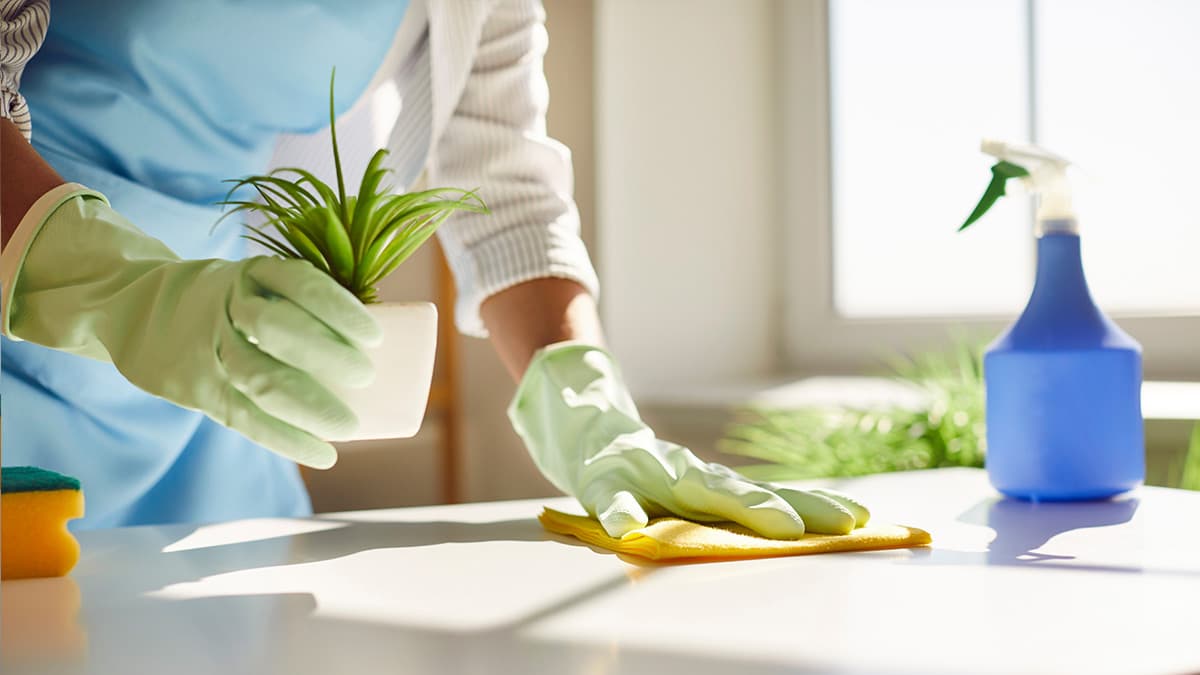 Person cleaning a table with a yellow cloth, wearing green gloves, next to a small potted plant and a blue spray bottle.