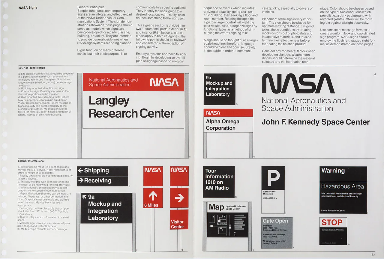 NASA identity manual pages showing signage, typography, and logo application within a coordinated visual system