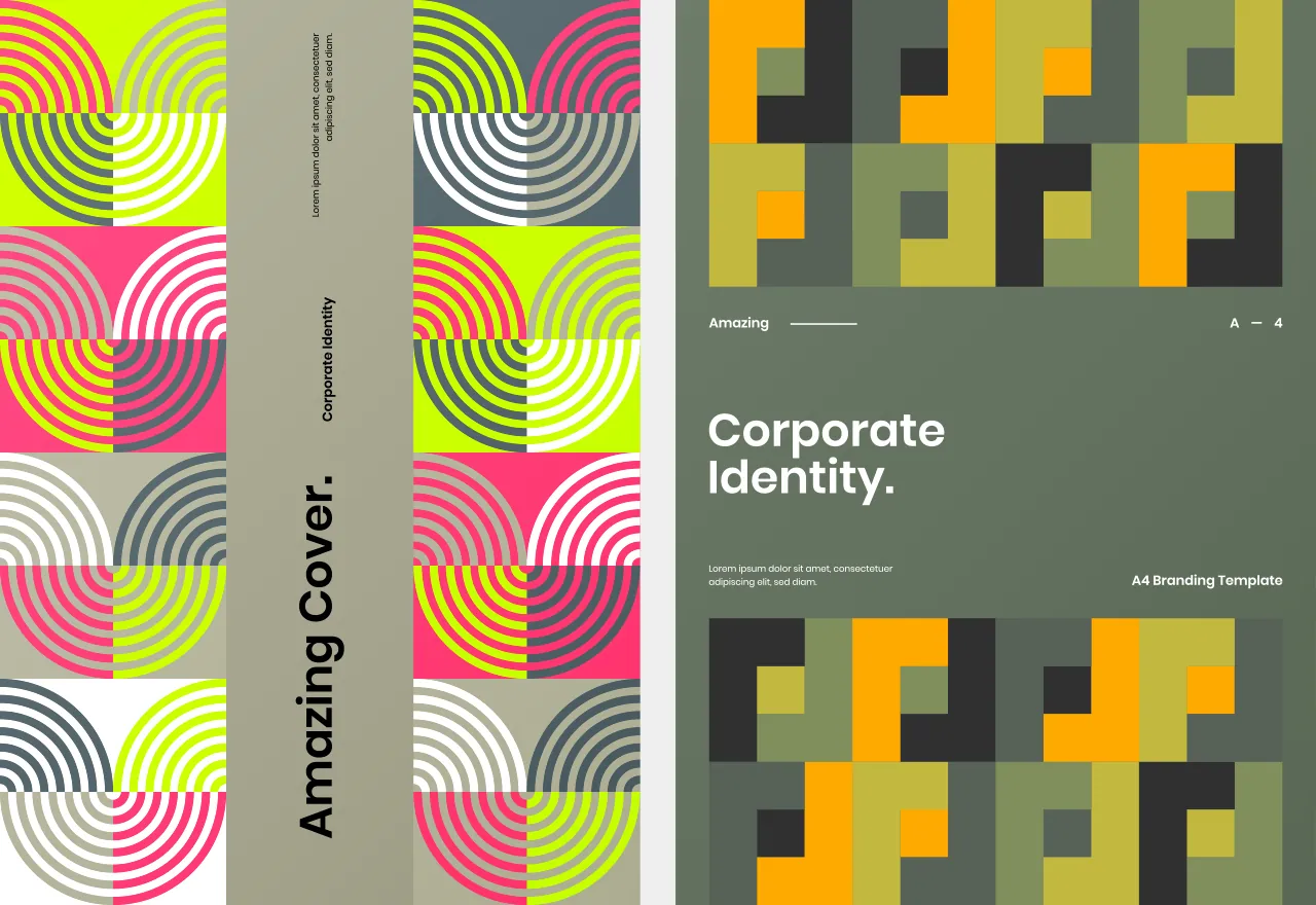 Corporate identity layout examples showing repeated graphic patterns, color, and grid structure