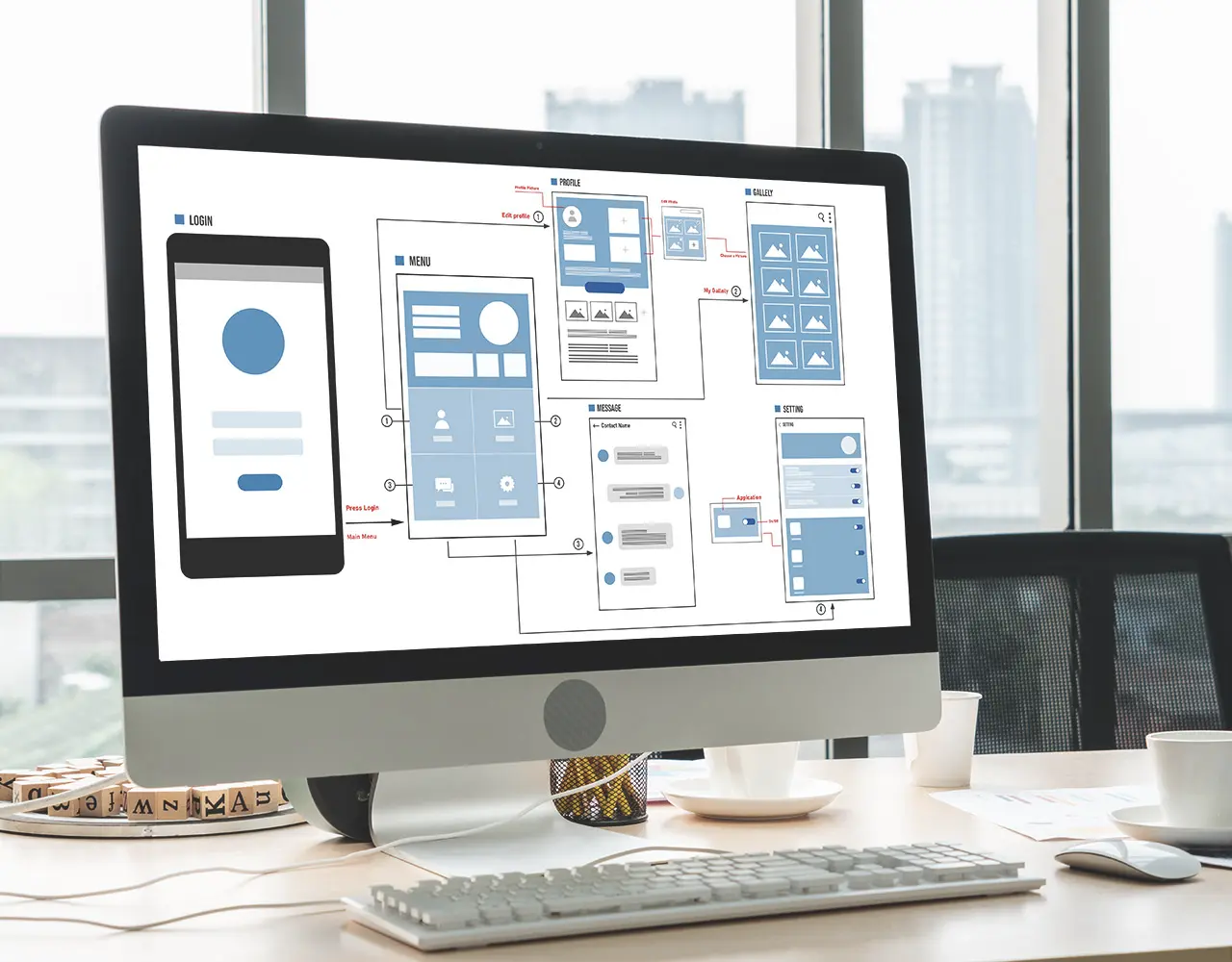 User interface wireframes on a desktop screen showing how interaction patterns shape digital identity