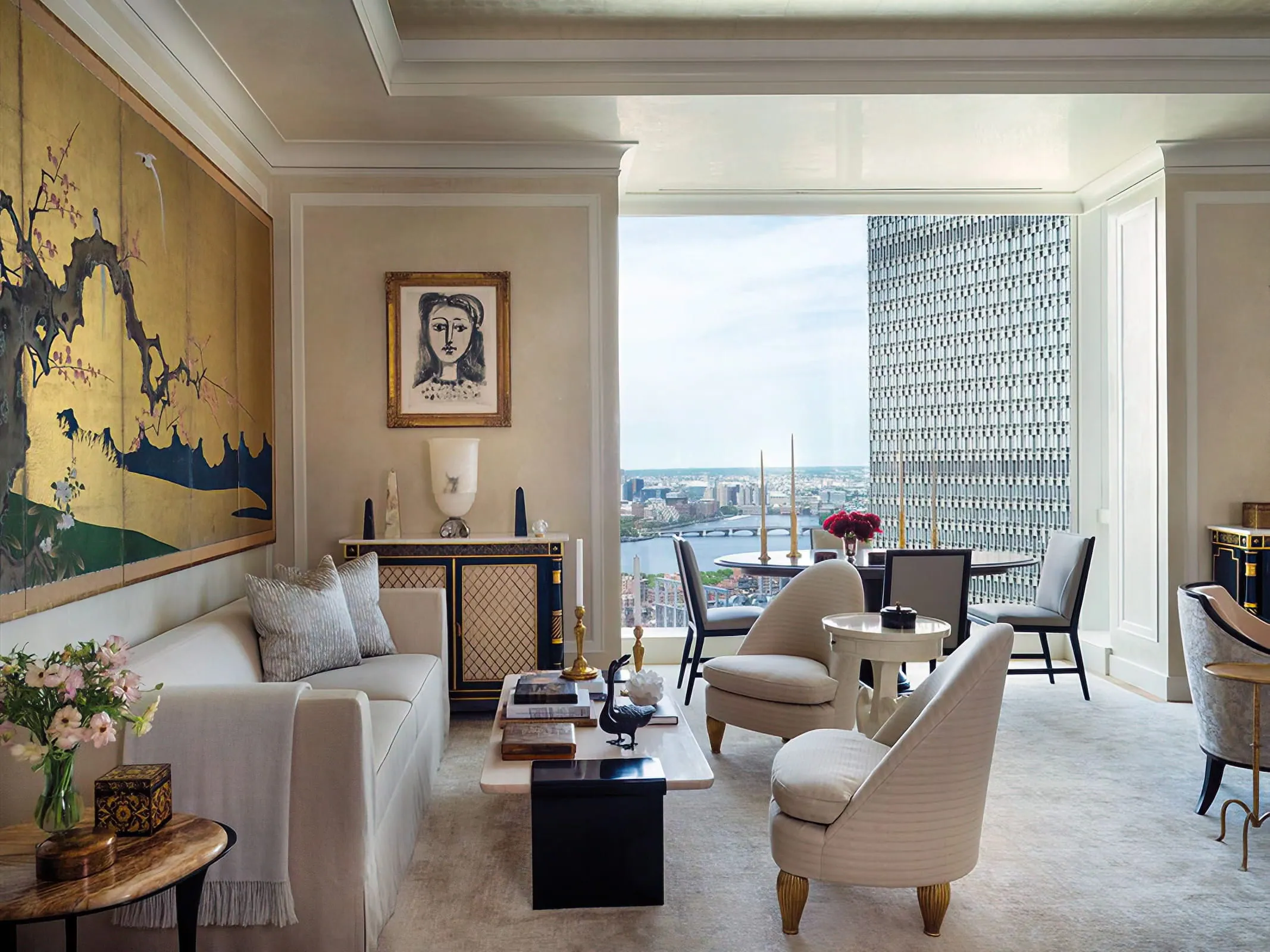 Elegant living room with neutral seating, curated artwork, a decorative screen, and floor-to-ceiling city views.